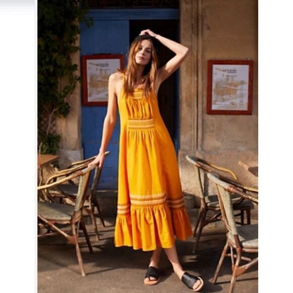 Free People Another Love Smocked Marigold Midi Dress Linen - Picture 3 of 14